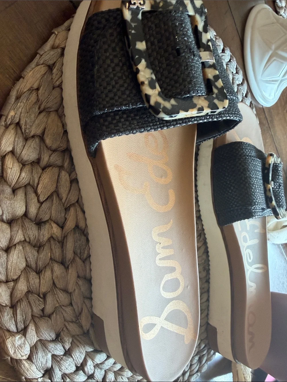 Sam Edelman Black Slide Sandals with Leopard-Print Buckle Accent